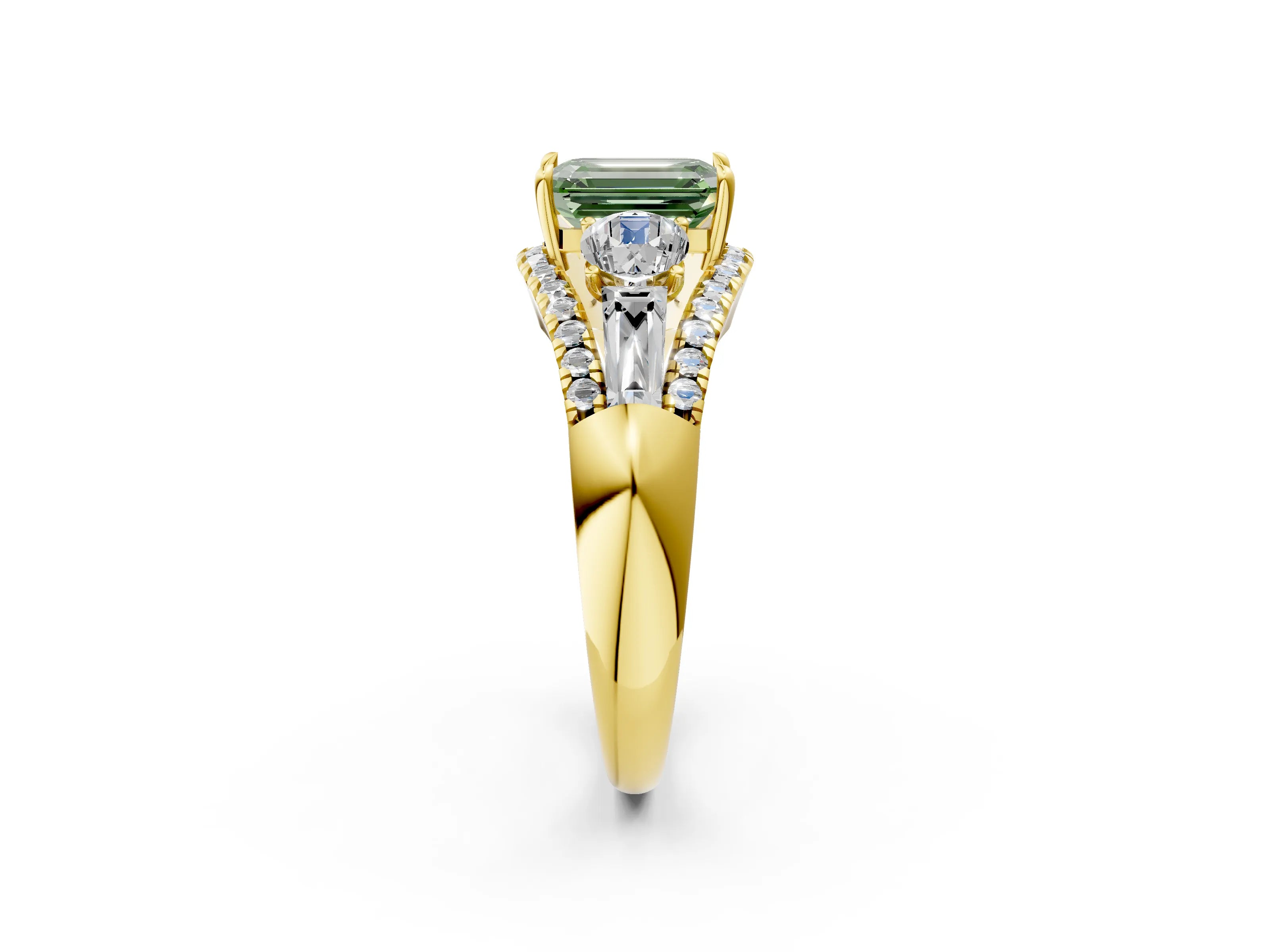 Yellow gold Three-Stone Fancy Green Emerald Cut Diamond Engagement Ring with Pave Band and Prong Setting_14
