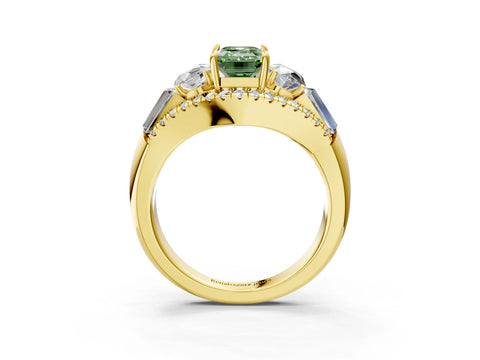 Yellow gold Three-Stone Fancy Green Emerald Cut Diamond Engagement Ring with Pave Band and Prong Setting_15
