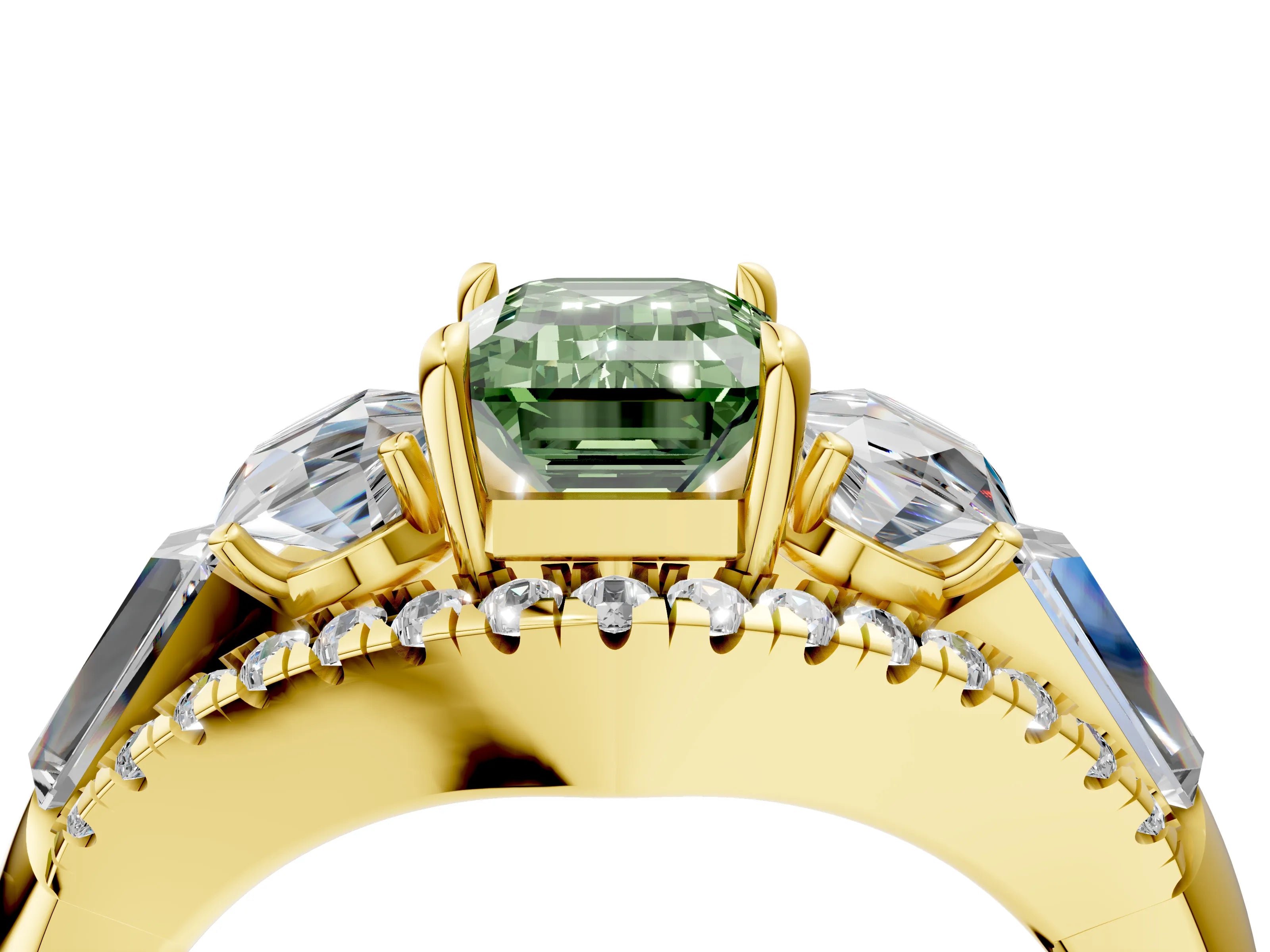 Yellow gold Three-Stone Fancy Green Emerald Cut Diamond Engagement Ring with Pave Band and Prong Setting_16