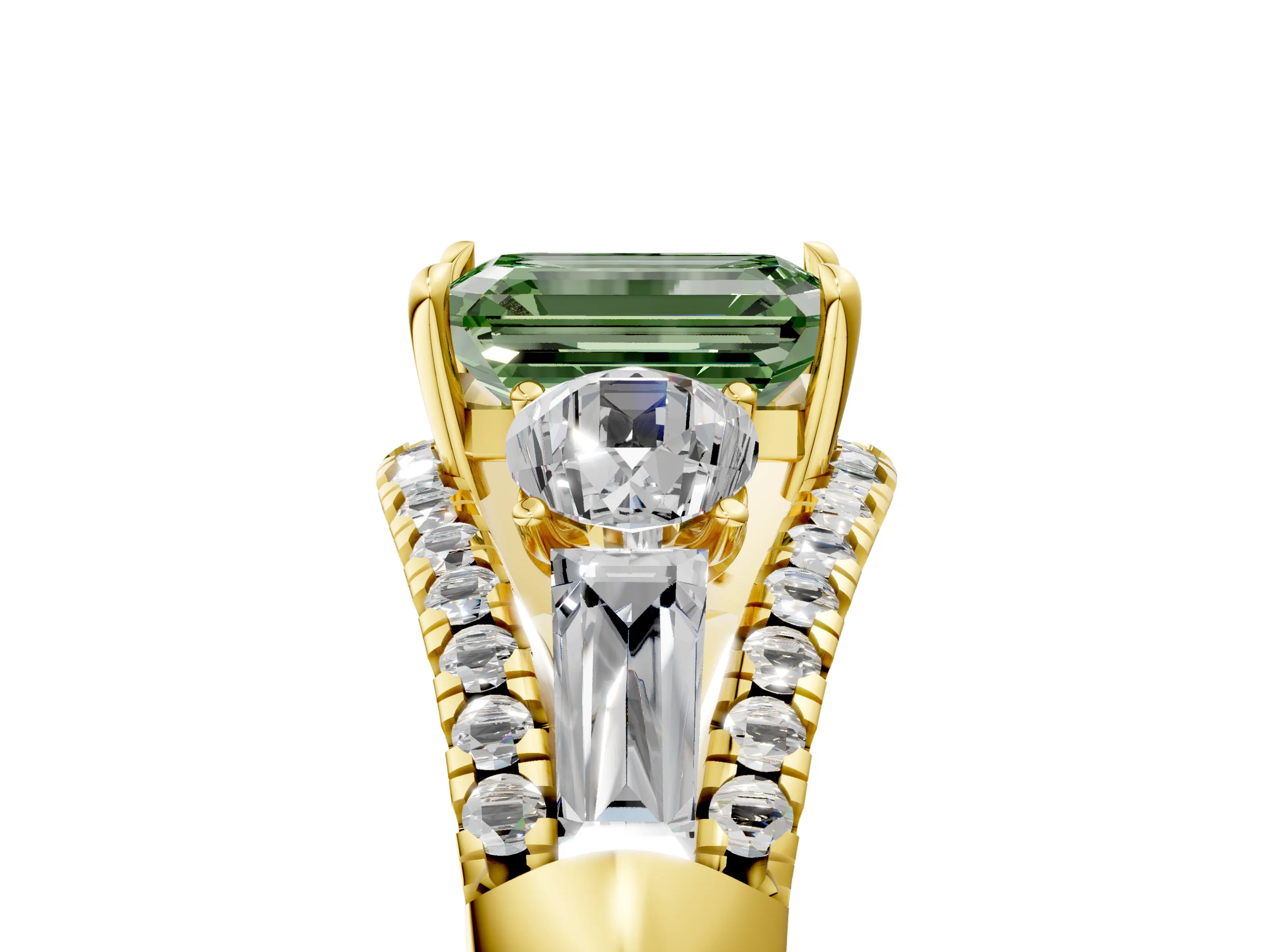 Yellow gold Three-Stone Fancy Green Emerald Cut Diamond Engagement Ring with Pave Band and Prong Setting_17