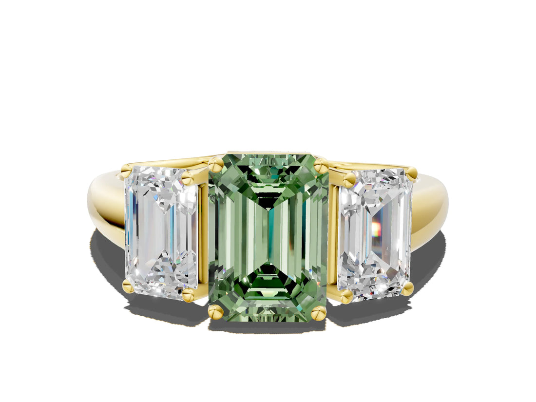 Yellow gold Three-Stone Fancy Green Emerald Cut Diamond Engagement Ring with Prong Setting_3