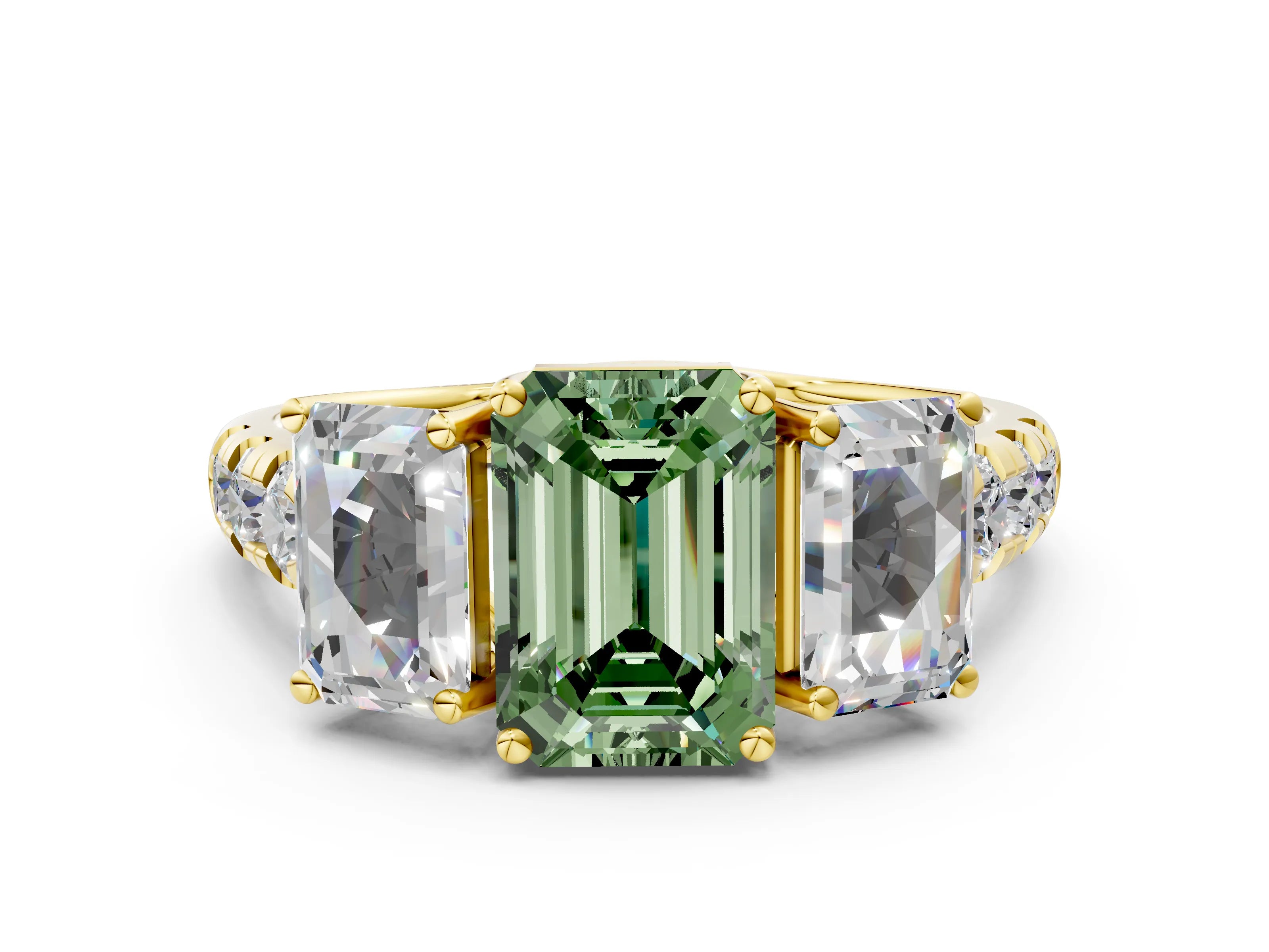 Yellow gold Three-Stone Fancy Green Emerald Cut Diamond Pavé Band with Prong Setting