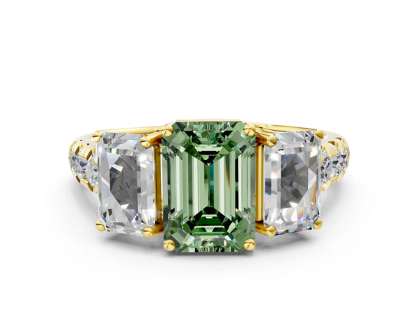 Yellow gold Three-Stone Fancy Green Emerald Cut Diamond Pavé Band with Prong Setting