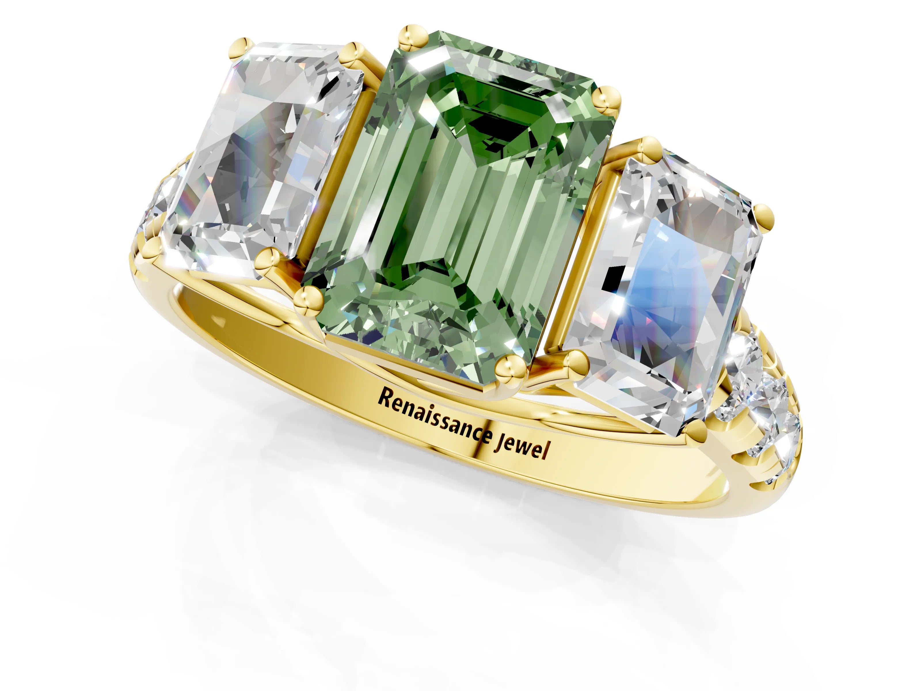 Yellow gold Three-Stone Fancy Green Emerald Cut Diamond Pavé Band with Prong Setting_1