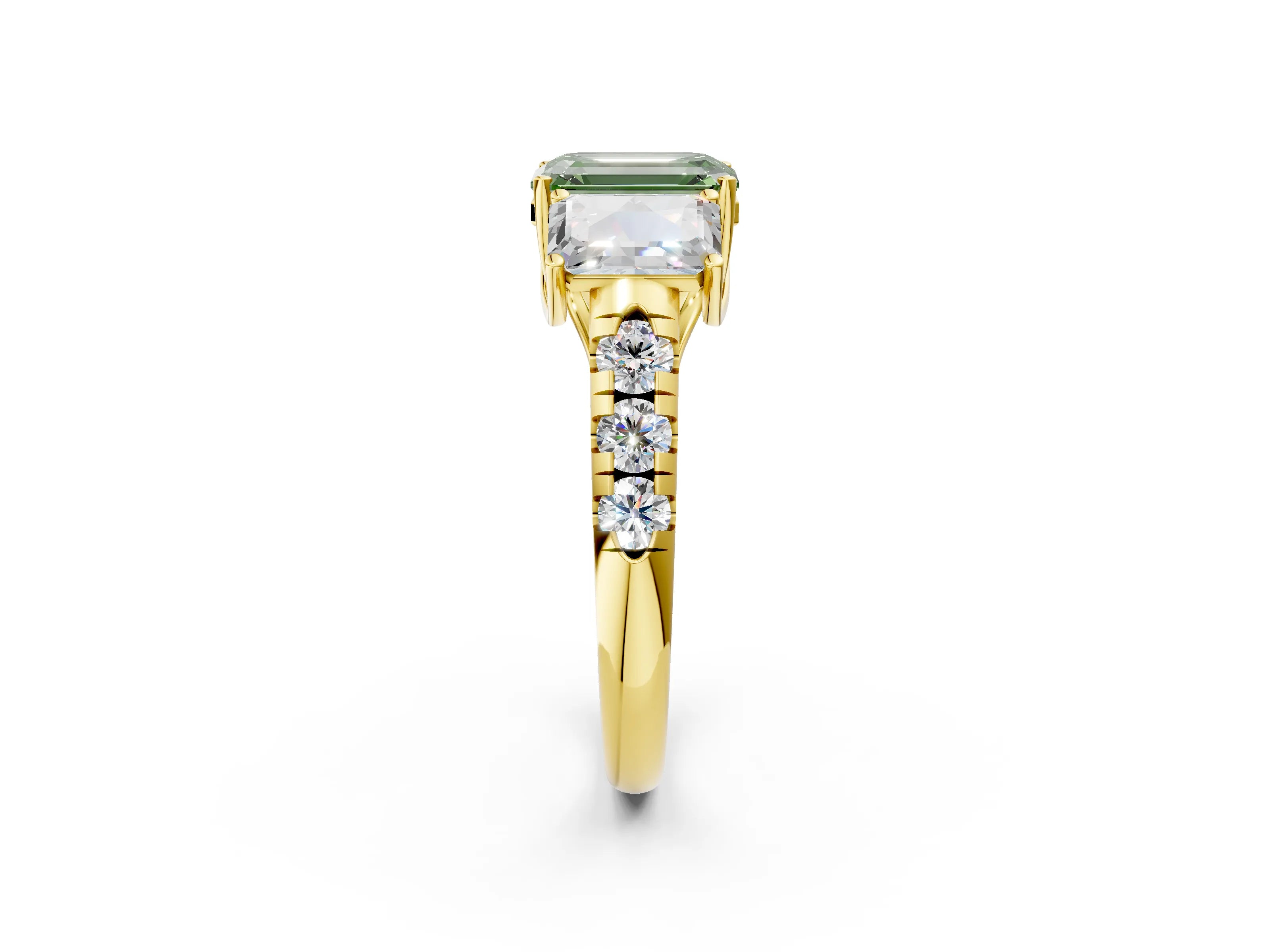 Yellow gold Three-Stone Fancy Green Emerald Cut Diamond Pavé Band with Prong Setting_2