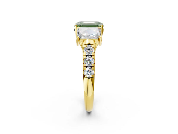 Yellow gold Three-Stone Fancy Green Emerald Cut Diamond Pavé Band with Prong Setting