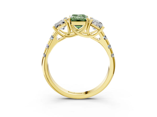 Yellow gold Three-Stone Fancy Green Emerald Cut Diamond Pavé Band with Prong Setting