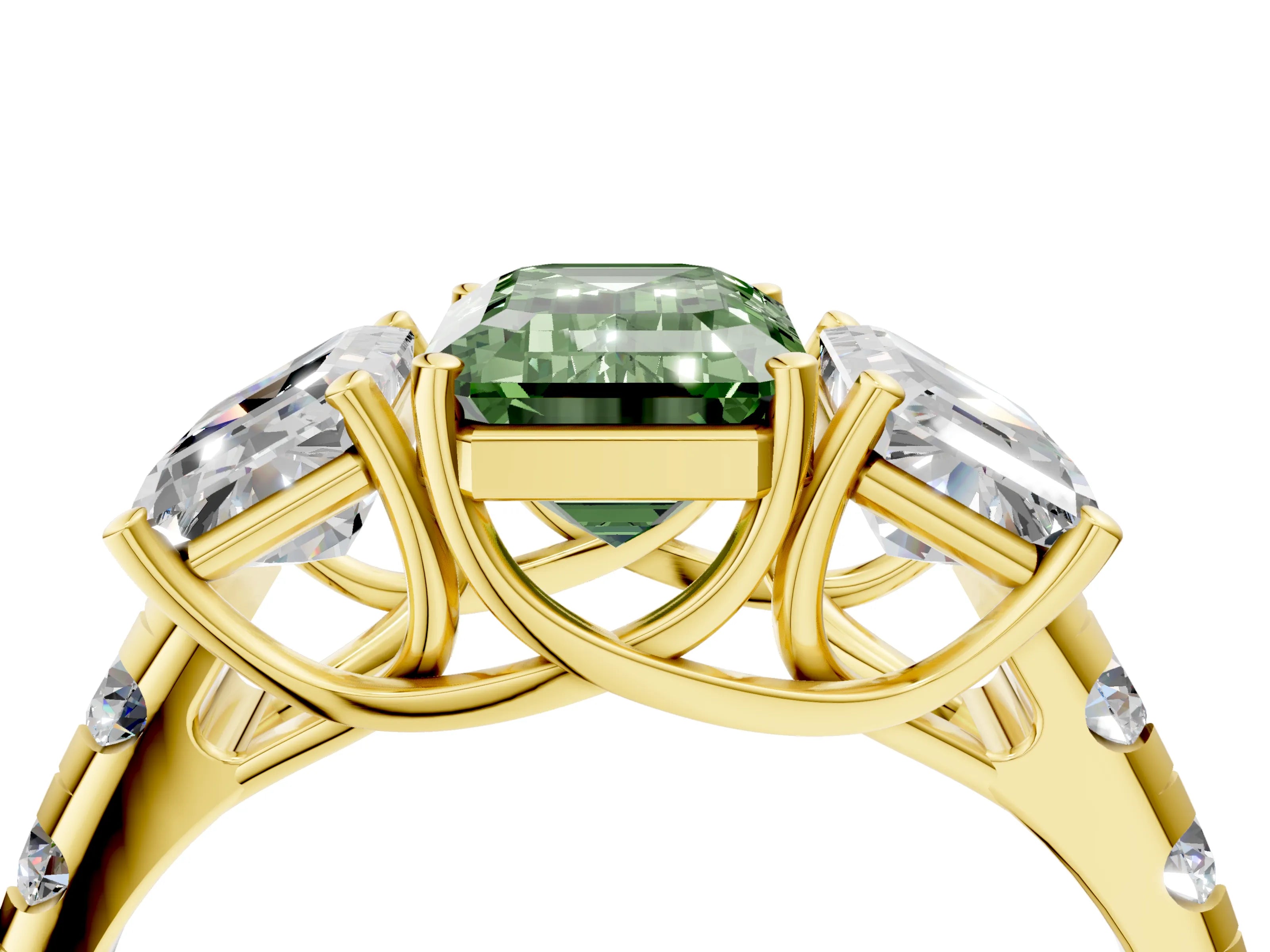 Yellow gold Three-Stone Fancy Green Emerald Cut Diamond Pavé Band with Prong Setting_4