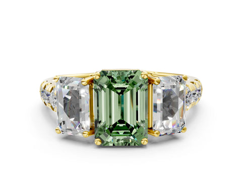 Yellow gold Three-Stone Fancy Green Emerald Cut Diamond Pavé Band with Prong Setting