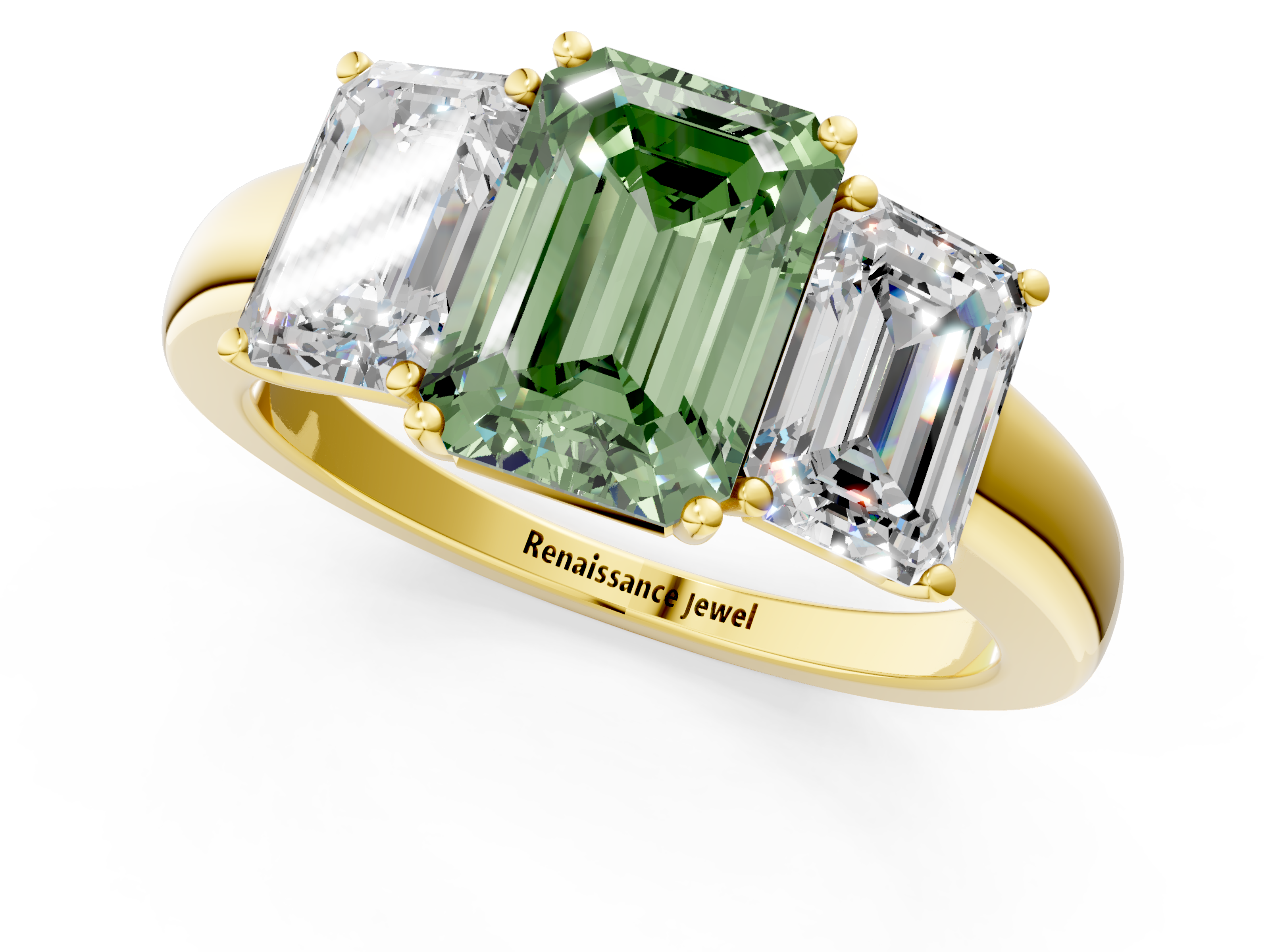 Yellow gold Three-Stone Fancy Green Emerald  Cut Diamond Ring with Channel-Set Band and Four-Prong Setting_43