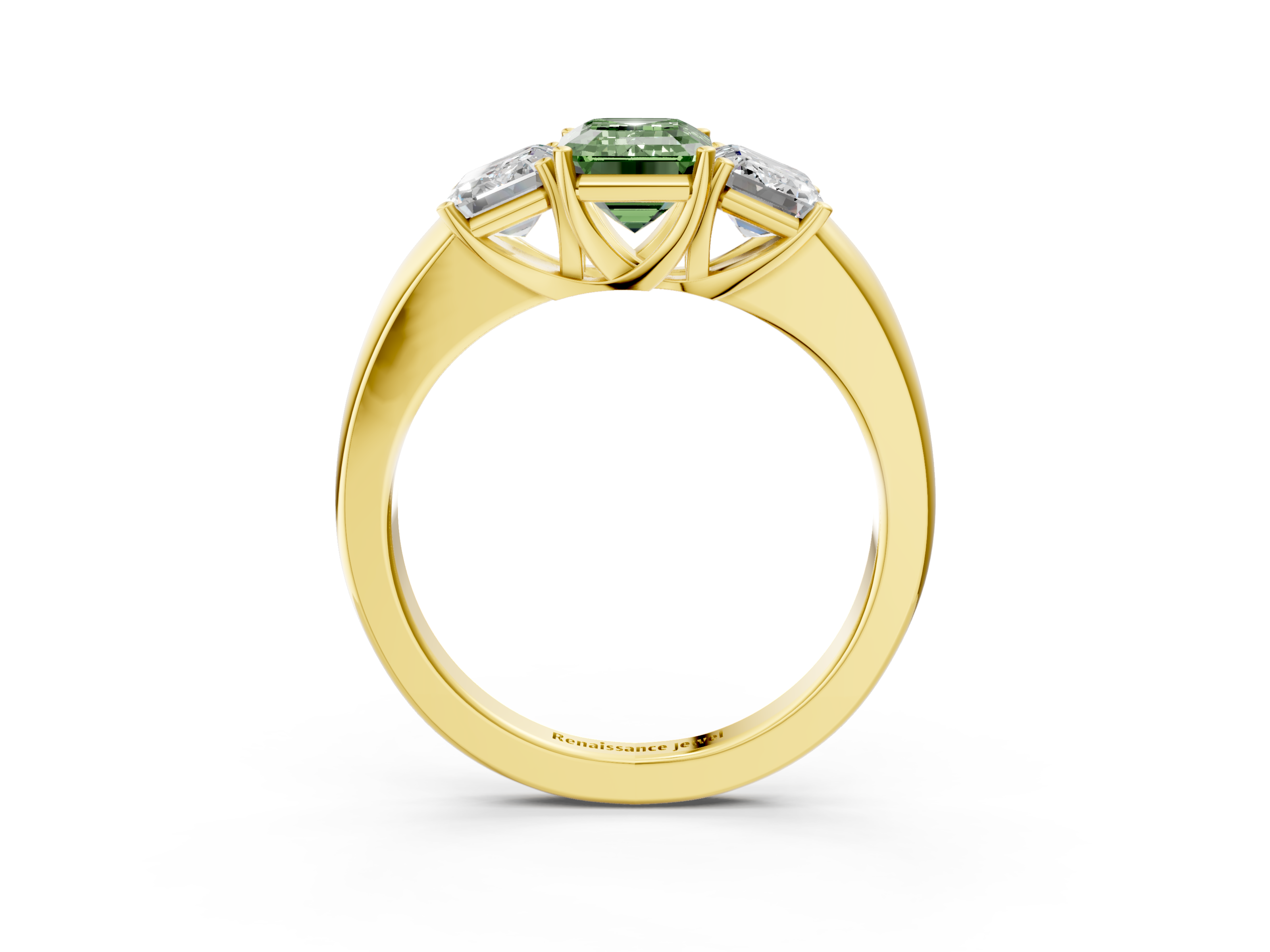 Yellow gold Three-Stone Fancy Green Emerald  Cut Diamond Ring with Channel-Set Band and Four-Prong Setting_45