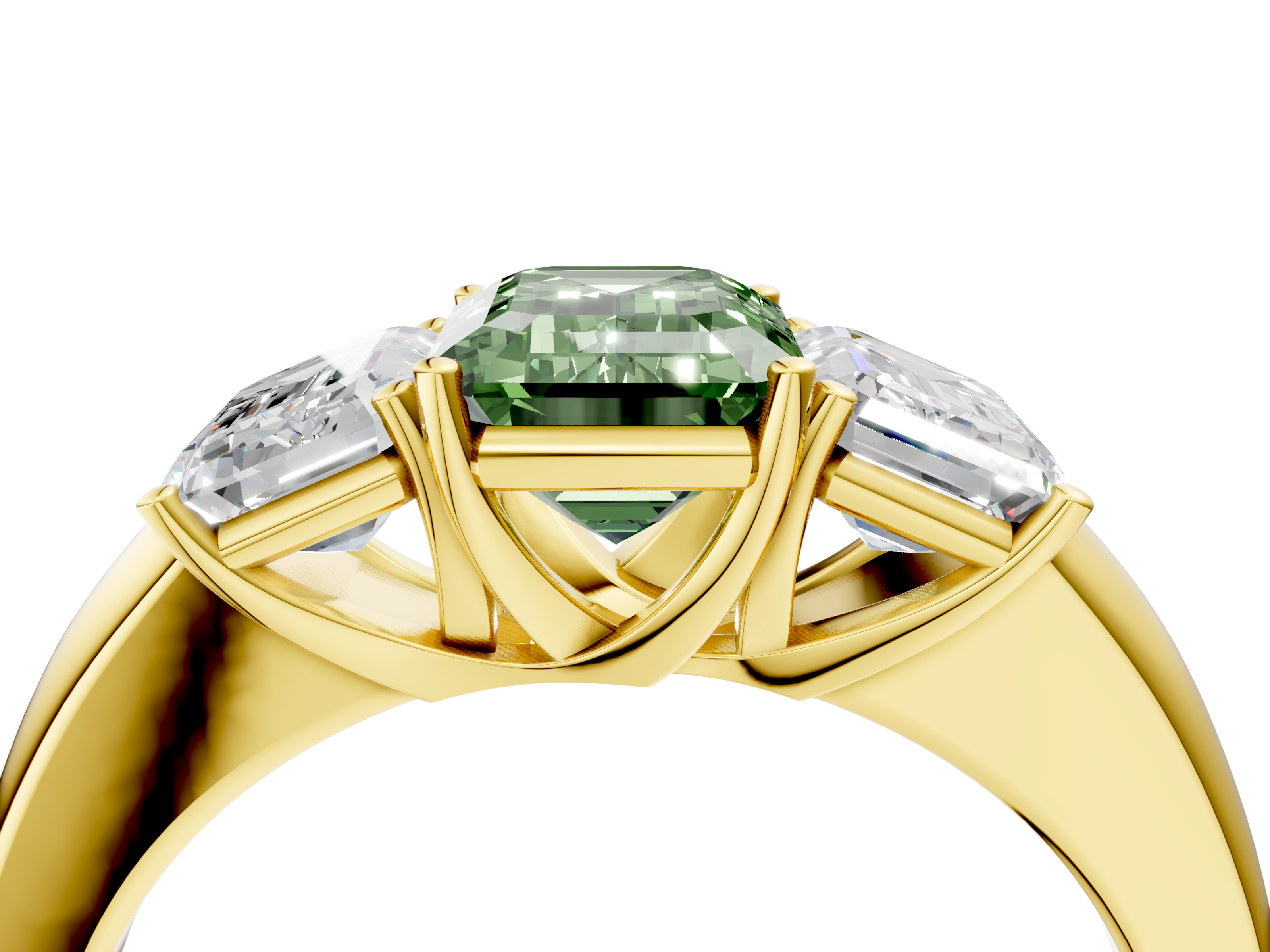 Yellow gold Three-Stone Fancy Green Emerald  Cut Diamond Ring with Channel-Set Band and Four-Prong Setting_46