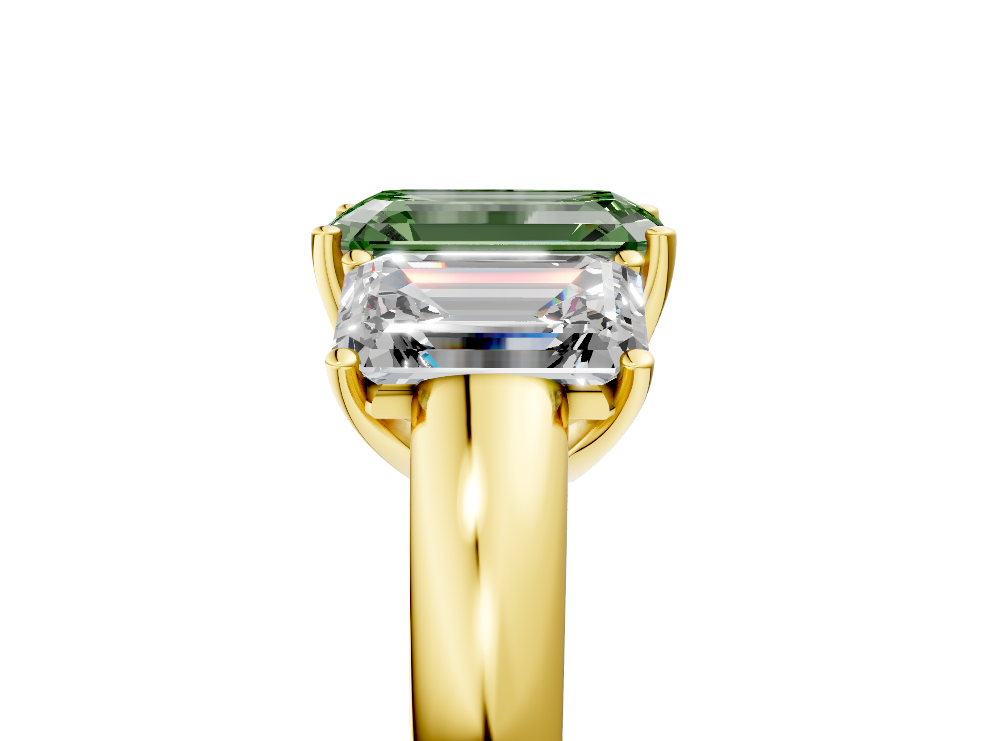 Yellow gold Three-Stone Fancy Green Emerald  Cut Diamond Ring with Channel-Set Band and Four-Prong Setting_47