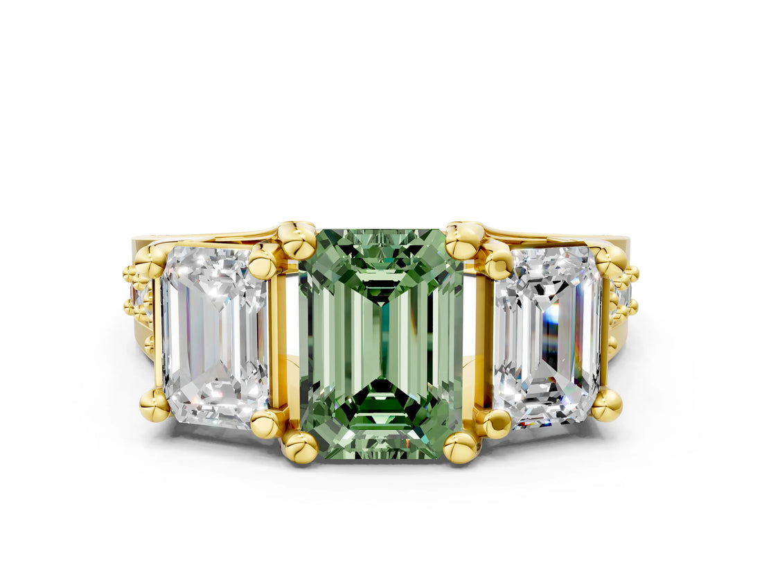 Yellow gold Three-Stone Fancy Green Emerald  Cut Diamond Ring with Channel-Set Band and Four-Prong Setting_52
