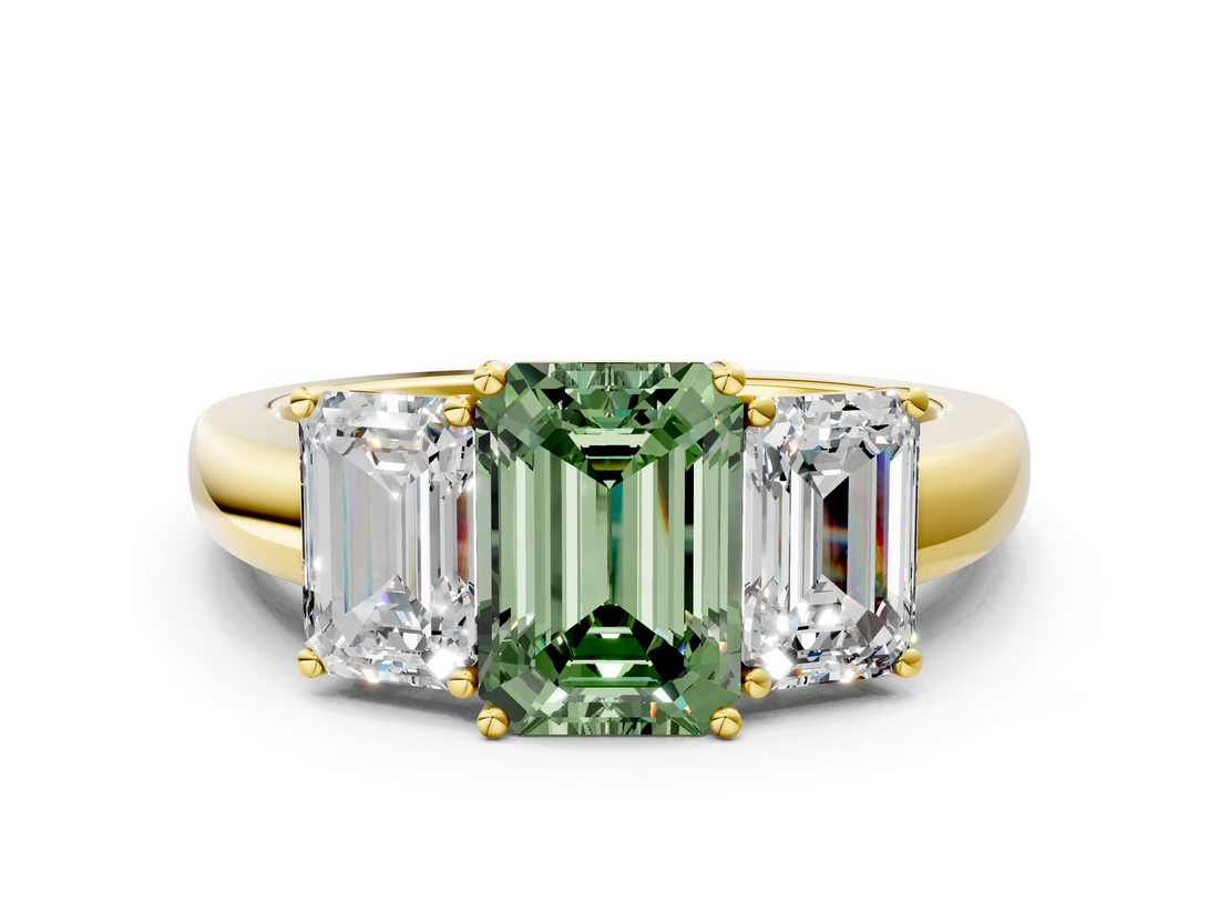 Yellow gold Three-Stone Fancy Green Emerald  Cut Diamond Ring with Channel-Set Band and Four-Prong Setting_59