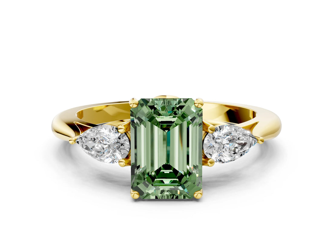 Yellow gold Three-Stone Fancy Green Emerald Cut Diamond Ring with Pear  Side Stones in Four-Prong Setting_48