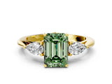 Yellow gold Three-Stone Fancy Green Emerald Cut Diamond Ring with Pear  Side Stones in Four-Prong Setting_48