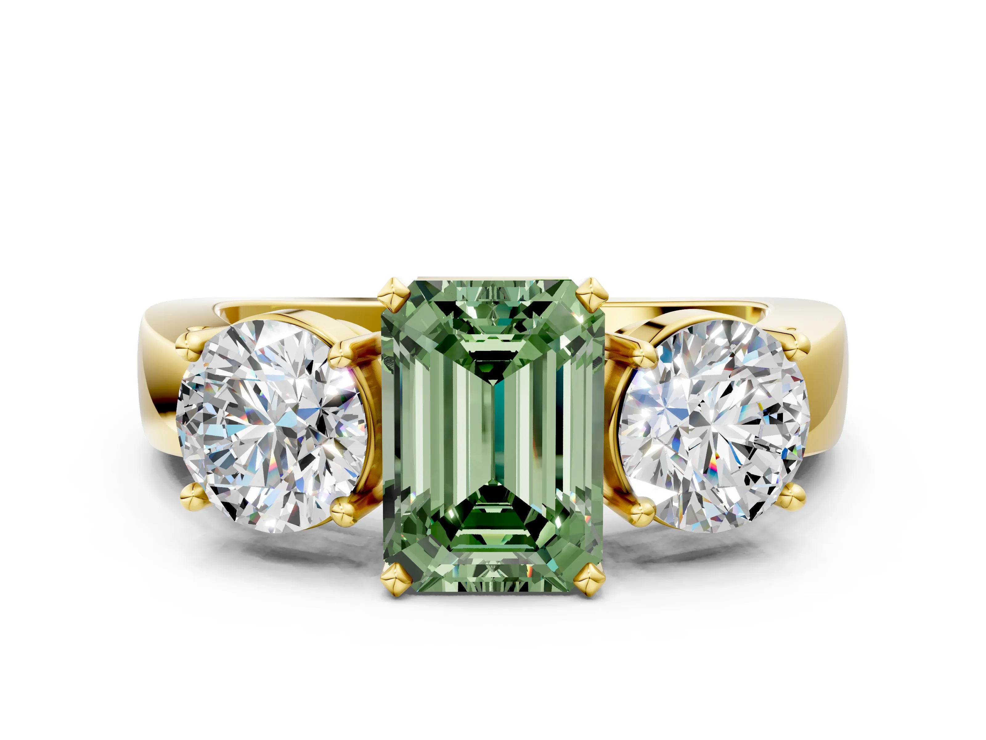 Yellow gold Three-Stone Fancy Green Emerald Cut Diamond Ring with Round Side Stones, Classic Band, and Four-Prong Setting