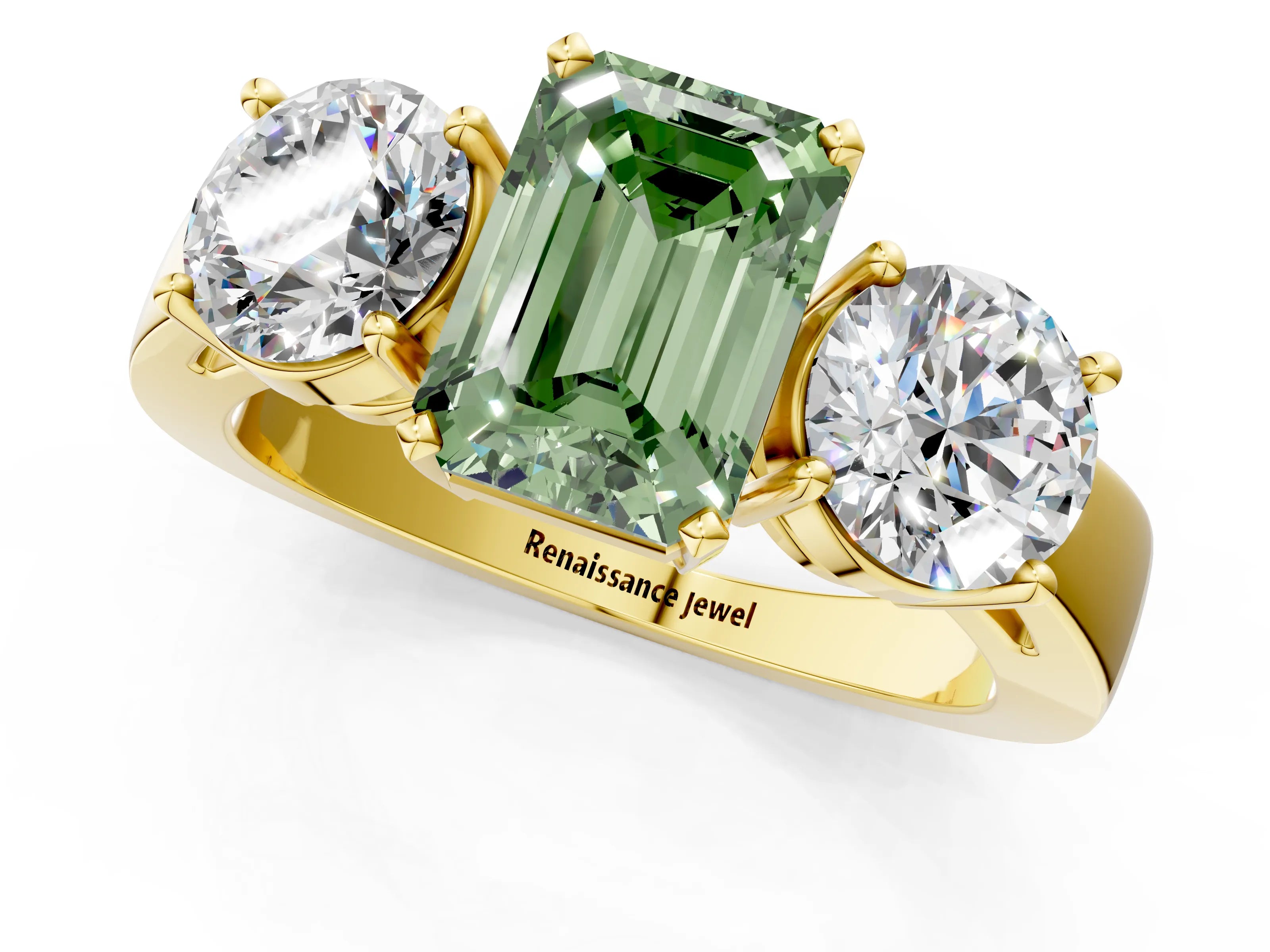 Yellow gold Three-Stone Fancy Green Emerald Cut Diamond Ring with Round Side Stones, Classic Band, and Four-Prong Setting_1