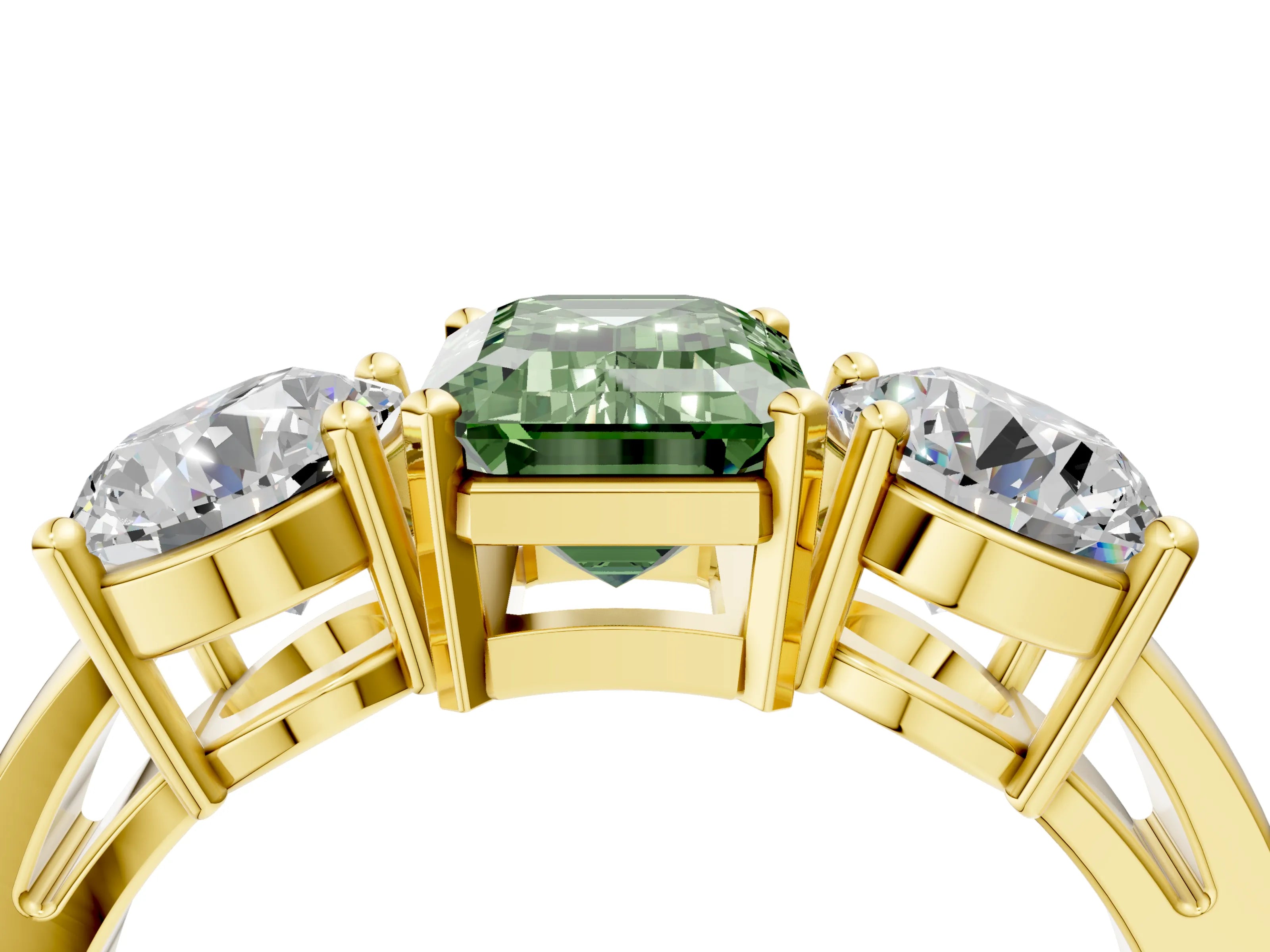 Yellow gold Three-Stone Fancy Green Emerald Cut Diamond Ring with Round Side Stones, Classic Band, and Four-Prong Setting_4