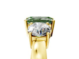 Yellow gold Three-Stone Fancy Green Emerald Cut Diamond Ring with Round Side Stones, Classic Band, and Four-Prong Setting_5
