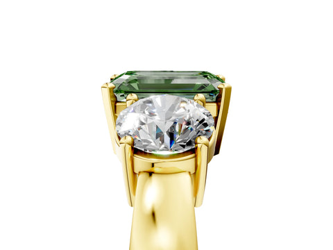 Yellow gold Three-Stone Fancy Green Emerald Cut Diamond Ring with Round Side Stones, Classic Band, and Four-Prong Setting_5
