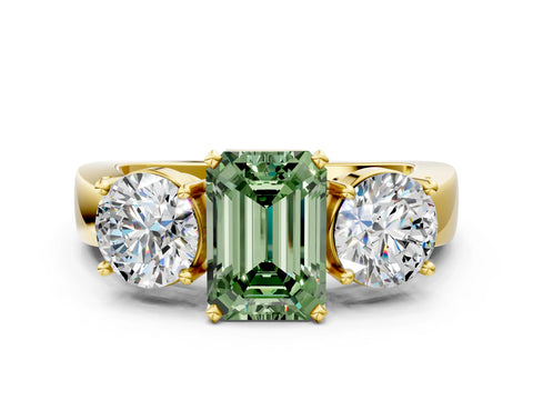 Yellow gold Three-Stone Fancy Green Emerald Cut Diamond Ring with Round Side Stones, Classic Band, and Four-Prong Setting