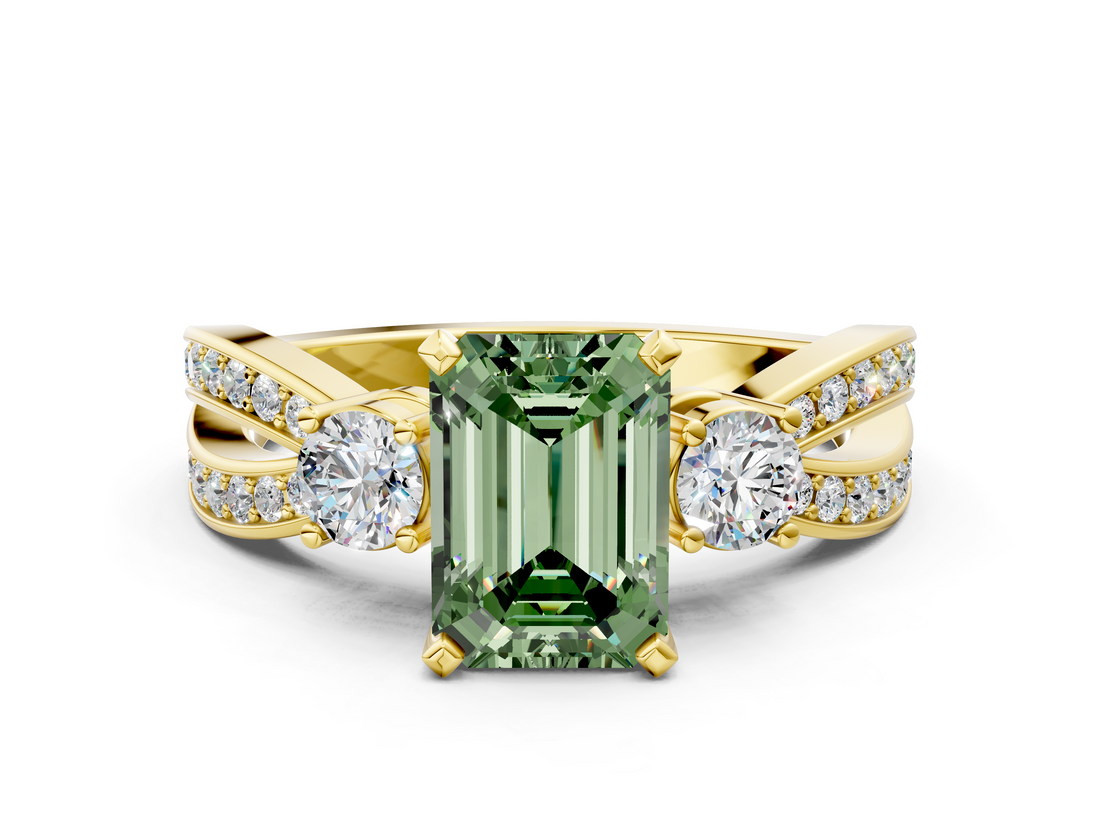 Yellow gold Three-Stone Fancy Green Emerald  Cut Diamond Twist Band with Prong Setting_51