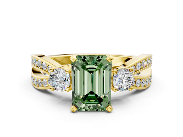 Yellow gold Three-Stone Fancy Green Emerald  Cut Diamond Twist Band with Prong Setting