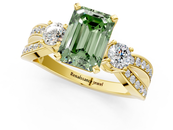 Yellow gold Three-Stone Fancy Green Emerald  Cut Diamond Twist Band with Prong Setting