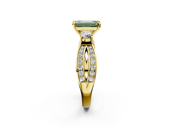 Yellow gold Three-Stone Fancy Green Emerald  Cut Diamond Twist Band with Prong Setting