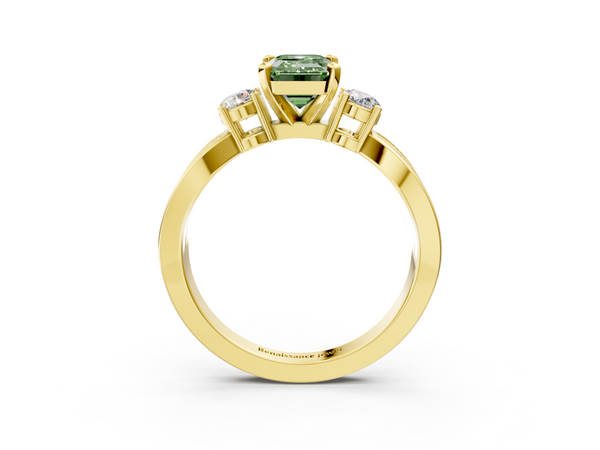 Yellow gold Three-Stone Fancy Green Emerald  Cut Diamond Twist Band with Prong Setting