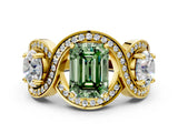 Yellow gold Three-Stone Fancy Green Emerald Cut Diamond Wave Pave Band with Prong Setting