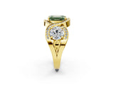Yellow gold Three-Stone Fancy Green Emerald Cut Diamond Wave Pave Band with Prong Setting_2