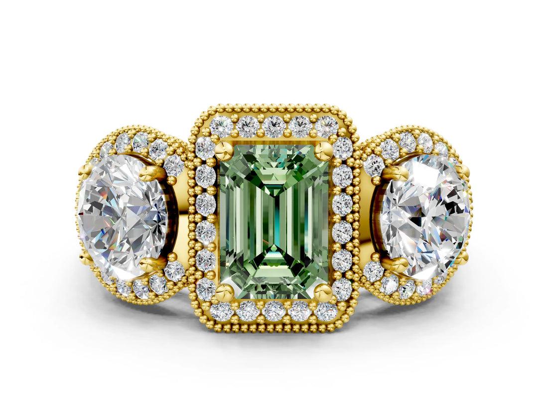 Yellow gold Three-Stone Fancy Green Emerald Cut Halo Diamond Milgrain Band with Four-Prong Setting
