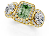 Yellow gold Three-Stone Fancy Green Emerald Cut Halo Diamond Milgrain Band with Four-Prong Setting_1