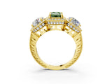 Yellow gold Three-Stone Fancy Green Emerald Cut Halo Diamond Milgrain Band with Four-Prong Setting_3