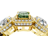 Yellow gold Three-Stone Fancy Green Emerald Cut Halo Diamond Milgrain Band with Four-Prong Setting_4
