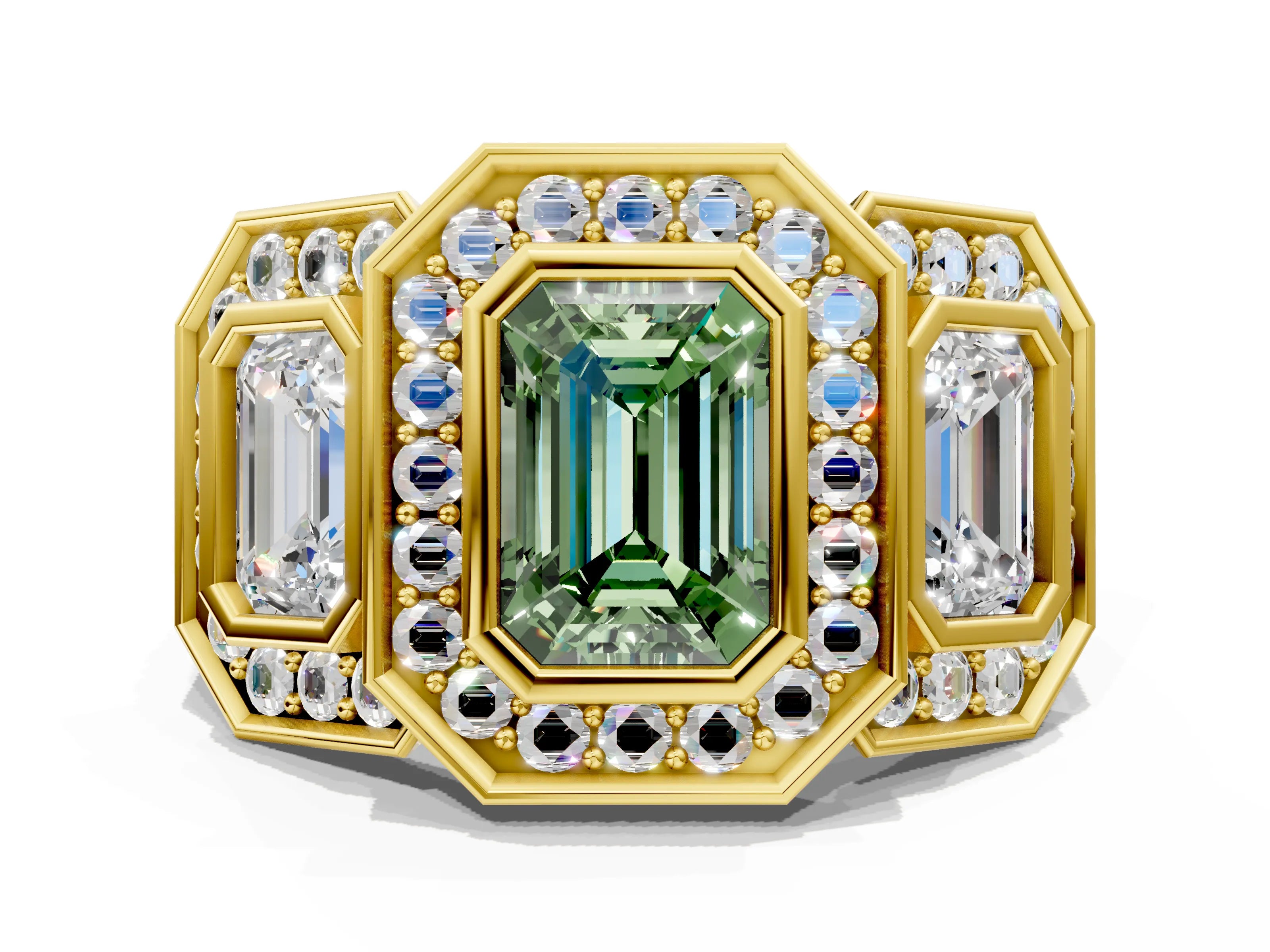 Yellow gold Three-Stone Fancy Green Emerald Cut Halo Pavé Diamond Ring
