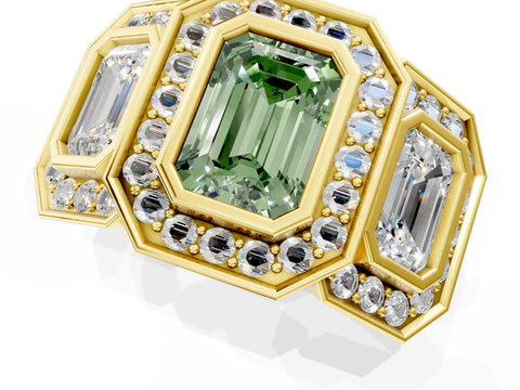 Yellow gold Three-Stone Fancy Green Emerald Cut Halo Pavé Diamond Ring_1