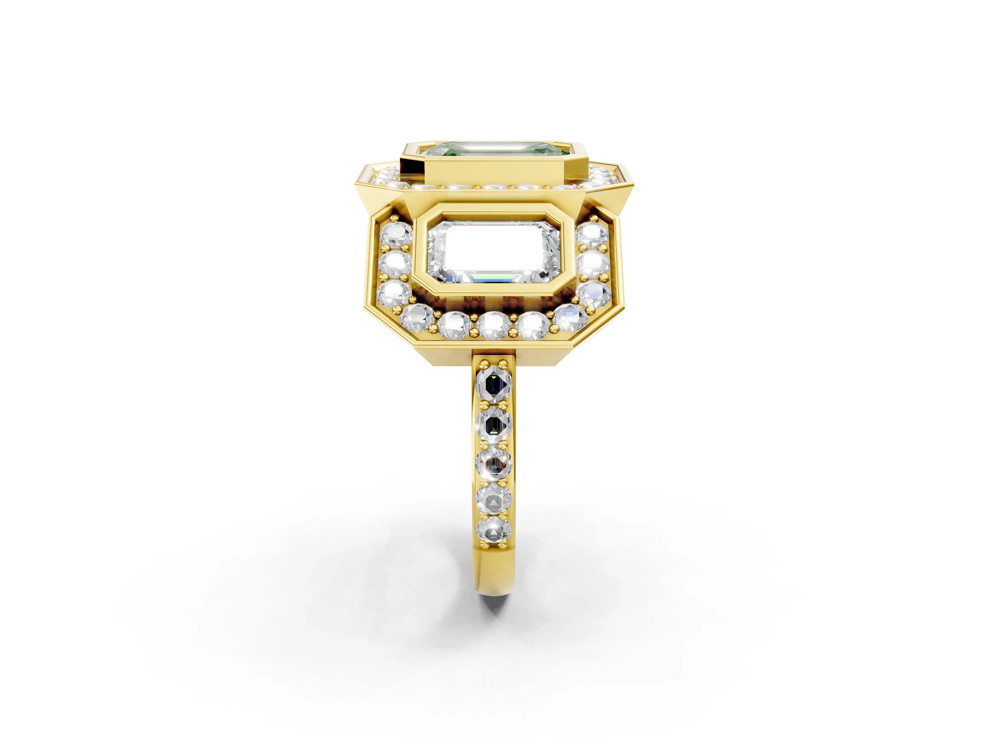 Yellow gold Three-Stone Fancy Green Emerald Cut Halo Pavé Diamond Ring_2