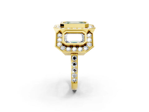Yellow gold Three-Stone Fancy Green Emerald Cut Halo Pavé Diamond Ring_2