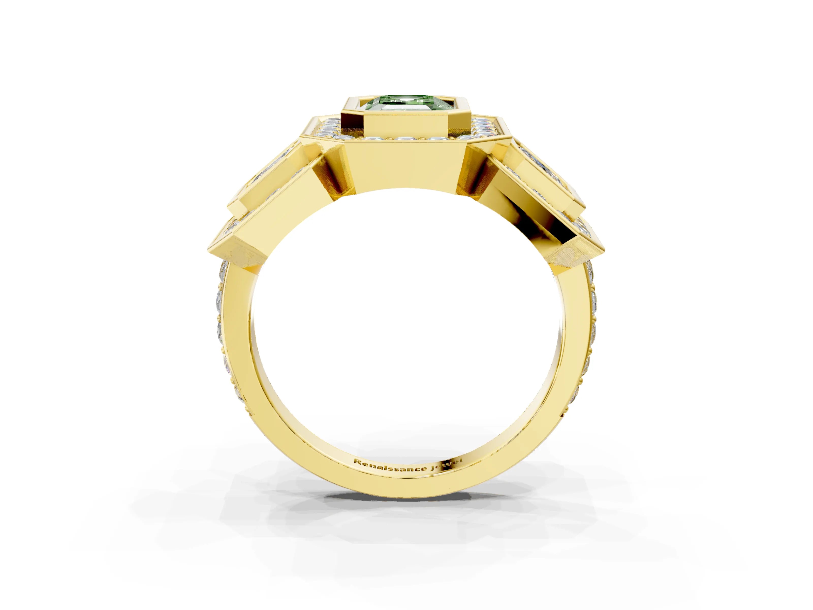 Yellow gold Three-Stone Fancy Green Emerald Cut Halo Pavé Diamond Ring_3