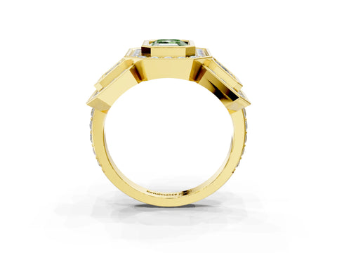 Yellow gold Three-Stone Fancy Green Emerald Cut Halo Pavé Diamond Ring_3