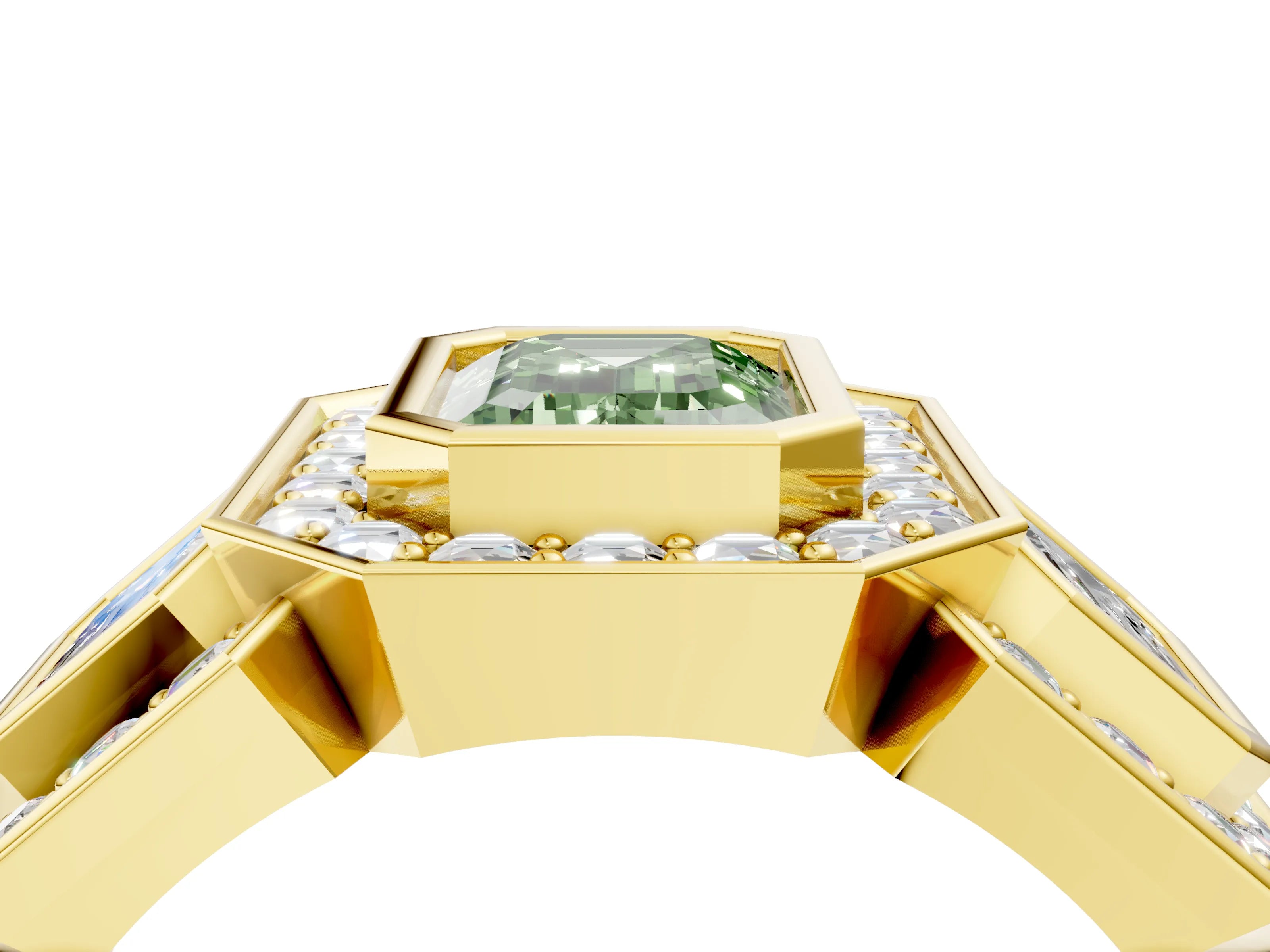 Yellow gold Three-Stone Fancy Green Emerald Cut Halo Pavé Diamond Ring_4