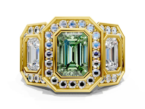 Yellow gold Three-Stone Fancy Green Emerald Cut Halo Pavé Diamond Ring