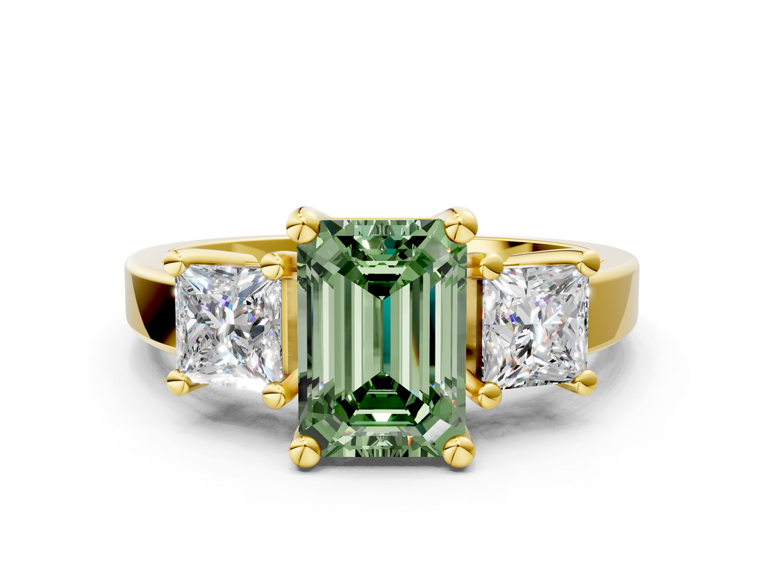 Yellow gold Three-Stone Fancy Green Emerald  Cut Solitaire Ring with Prong Setting_3