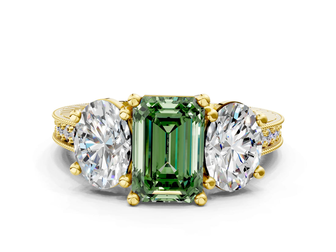 Yellow gold Three-Stone Fancy Green Emerald  Diamond Milgrain Pave Band with Prong Setting 1