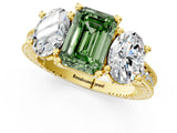 Yellow gold Three-Stone Fancy Green Emerald  Diamond Milgrain Pave Band with Prong Setting 2
