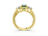 Yellow gold Three-Stone Fancy Green Emerald  Diamond Milgrain Pave Band with Prong Setting 4
